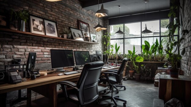 Design interiore di ufficio ispiratore in stile industriale Ufficio con architettura a mattoni a vista AI generativa AIG 31
