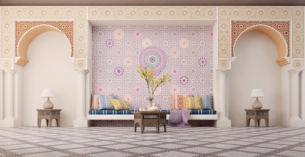 Design interno del soggiorno in stile arabo-islamico con arco e modello arabo3d rendering