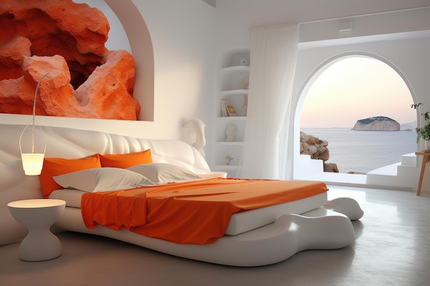 Design interno di camera da letto minimalista a colori chiari con letto e decorazione di lusso