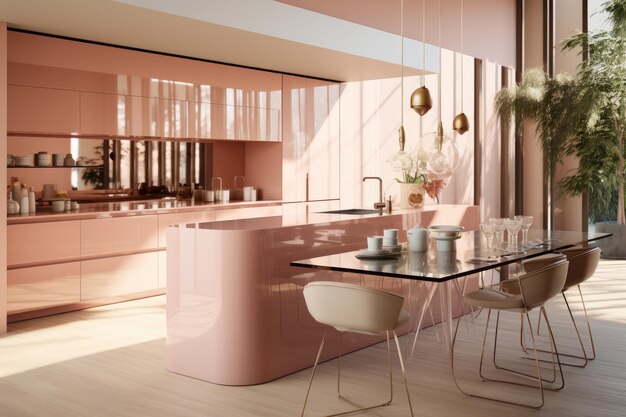 Design interno di cucina minimal di lusso con tavolo da pranzo e decorazione