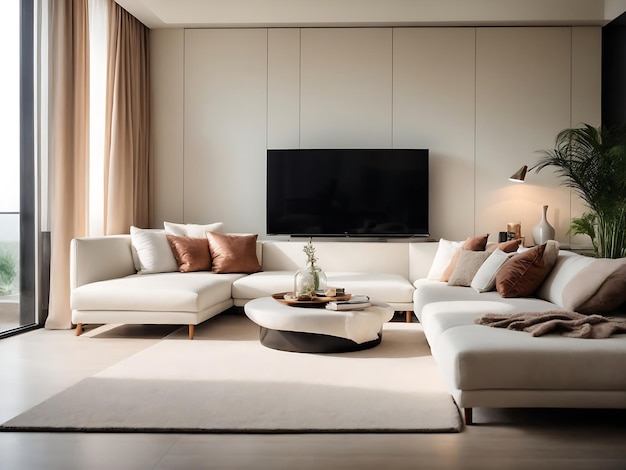 Design interno di salotto di lusso minimalista moderno con un divano bianco contro un'unità TV