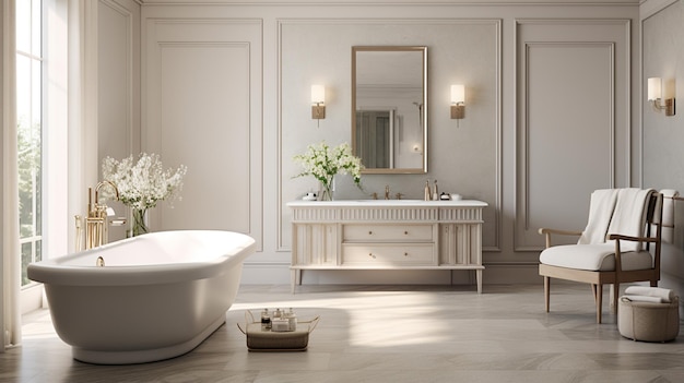 design interno di un bagno moderno con vasca da bagno bianca doppio lavandino e specchio