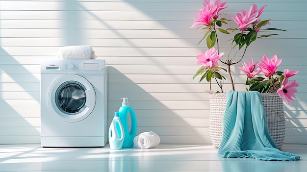 Design interno elegante con una moderna lavatrice, un vibrante gel per il lavaggio e un elegante cesto per la lavanderia su uno sfondo bianco incontaminato, ambiente pulito e minimalista AI Generative