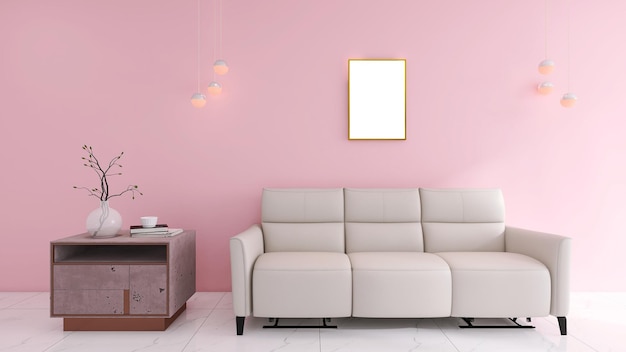 Design interno luminoso e moderno del soggiorno con rendering 3D con cornice per poster