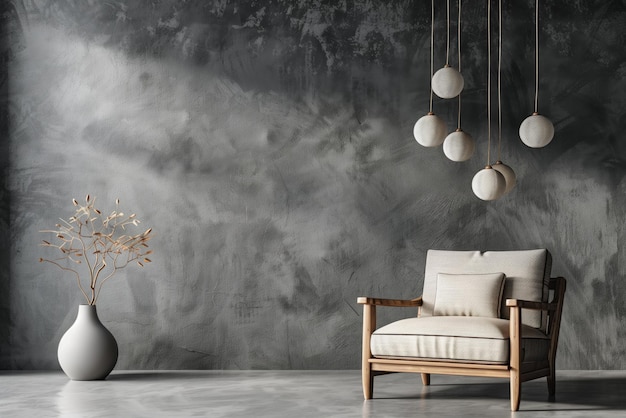Design interno moderno con un vaso per poltrona e lampade appese contro una parete texturata