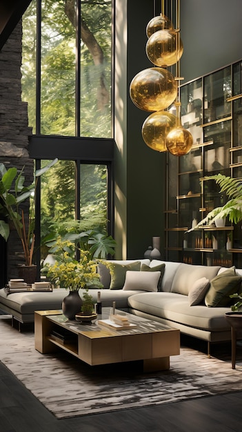 Design interno moderno del soggiorno con grandi finestre e piante verdi
