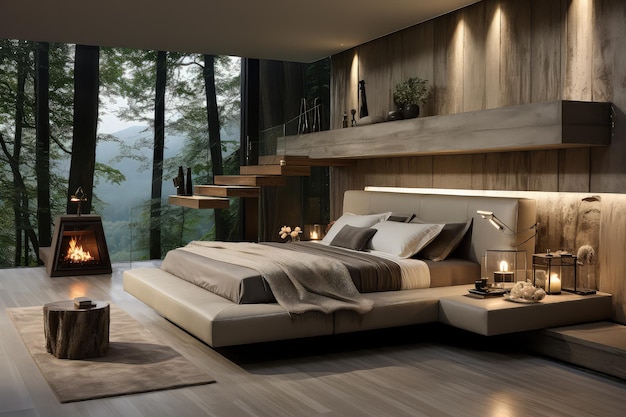 Design interno moderno ed elegante di una camera da letto con un tocco di lusso ed eleganza