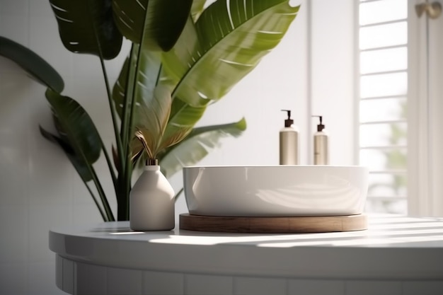 Design interno pulito verde foglia tropicale bianco lavandino bagno spa di casa AI generativa