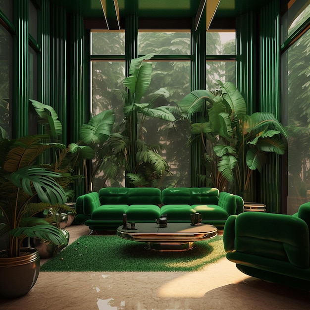 Design interno verde del soggiorno con piante foto generata dall'AI