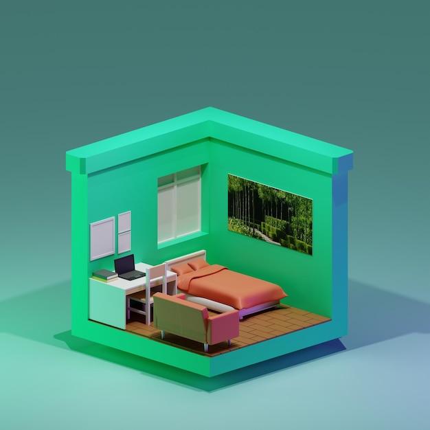 design isometrico della camera da letto con uno stile minimalista