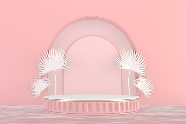 Design minimale del piedistallo rosa per l'esposizione del prodotto, il rendering