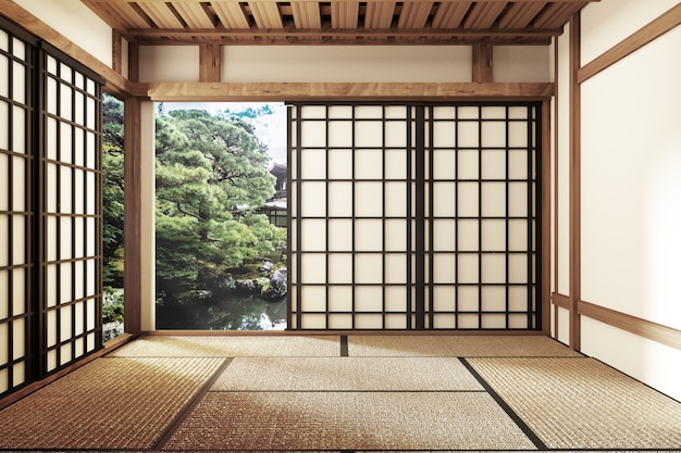 design minimalista con pavimento in tatami e interni giapponesi e vuoti