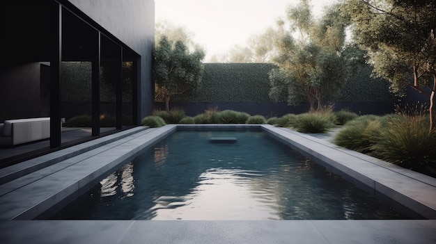 Design minimalista della piscina con linee pulite e intelligenza artificiale paesaggistica minimale generata