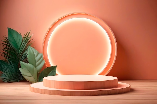Design minimalista podium in legno vuoto concetto di colore di tendenza dell'anno 2024 Peach Fuzz