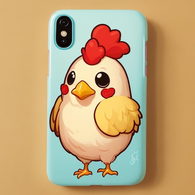 Design mockup per custodia morbida per smartphone con un simpatico tema di pollo in stile cartone animato IA generativa