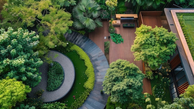 design moderno del giardino con terrazza in vista dall'alto