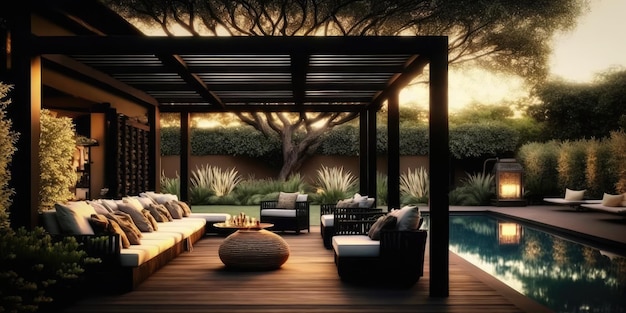 Design moderno del patio di casa con vista sul giardino