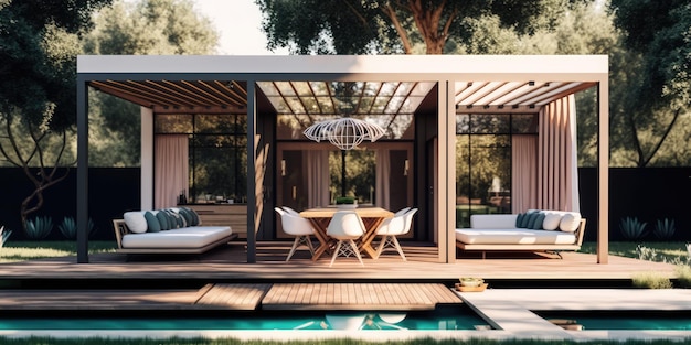 Design moderno del patio di casa con vista sul giardino