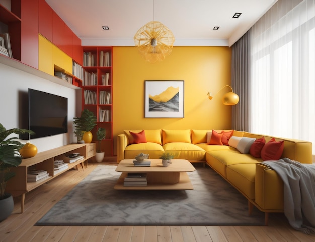 Design moderno del soggiorno dotato di librerie con pareti gialle e pareti in vetro
