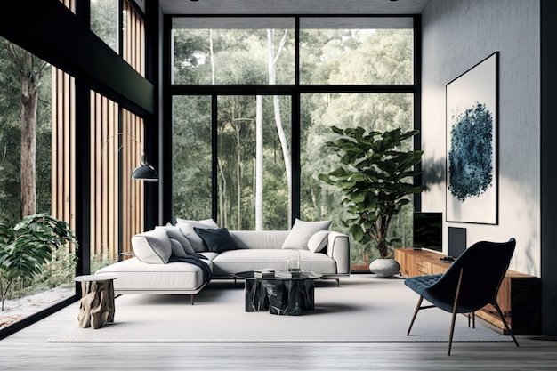 Design moderno del soggiorno Interni eleganti di lusso Grande divano Piante verdi Illustrazione generativa astratta di AI