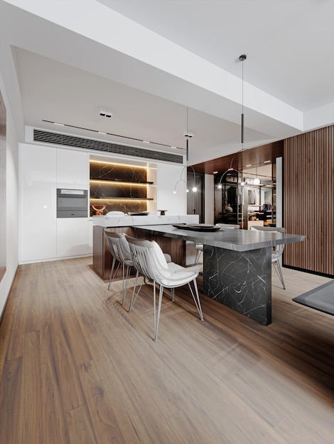 Design moderno della cucina componibile con pannelli bianchi e alzatina in marmo nero con tavolo da pranzo laterale in marmo nero rendering 3d