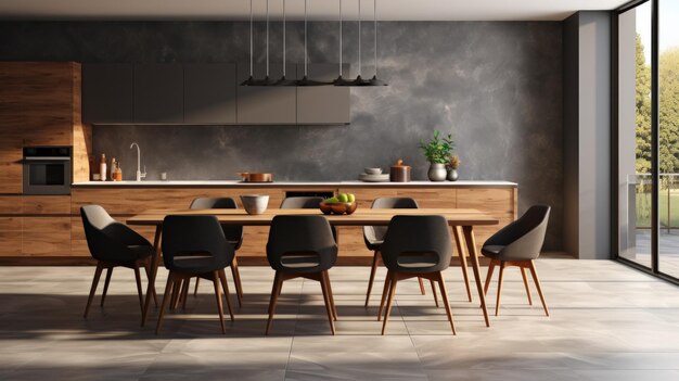 Design moderno della cucina con tavolo e sedie in legno