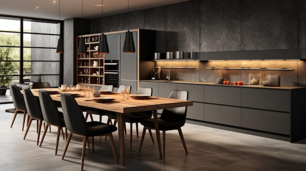 Design moderno della cucina con tavolo e sedie in legno