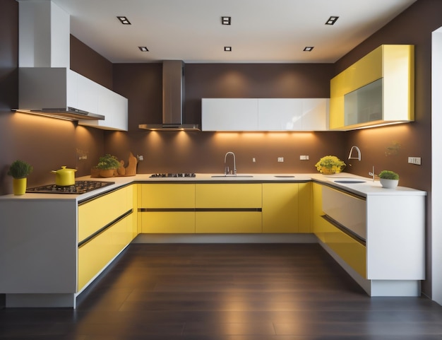 Design moderno della cucina nei colori viola e giallo con parete in vetro foto generativa ai