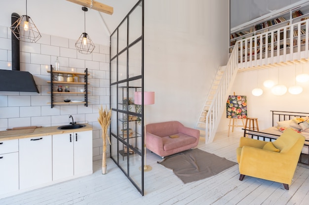 Design moderno di lusso di un accogliente monolocale in stile scandinavo