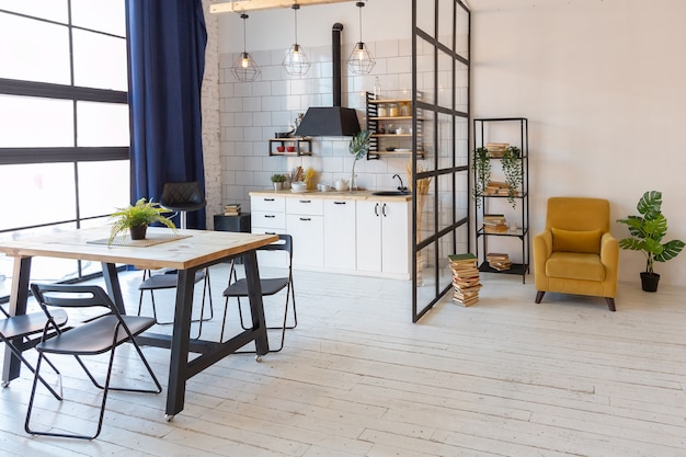 Design moderno di lusso di un accogliente monolocale in stile scandinavo