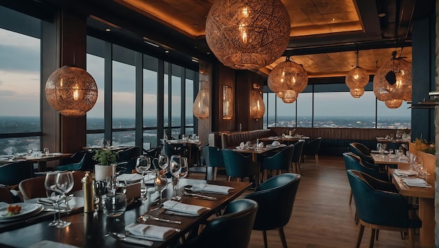 Design moderno di ristoranti aperti con spazio per sedere e illuminazione di interni
