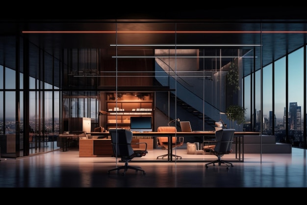 Design moderno e futuristico per uffici interni con piante da parete verdi e bellissima scena notturna
