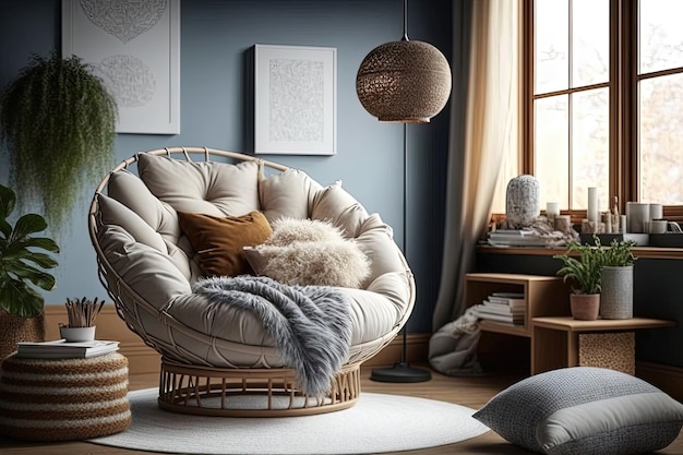 Design moderno e unico della camera da letto con elegante sedia sospesa creata da AI