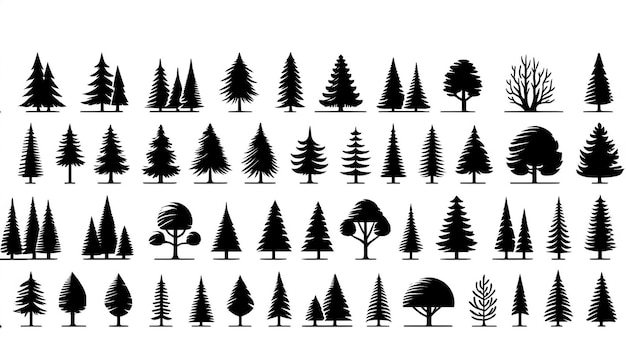 Design nero minimalista di alberi di pino a silhouette assortite