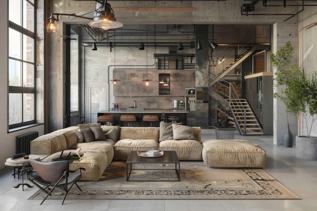 Design neutro beige interno di casa in stile industriale e soggiorno moderno