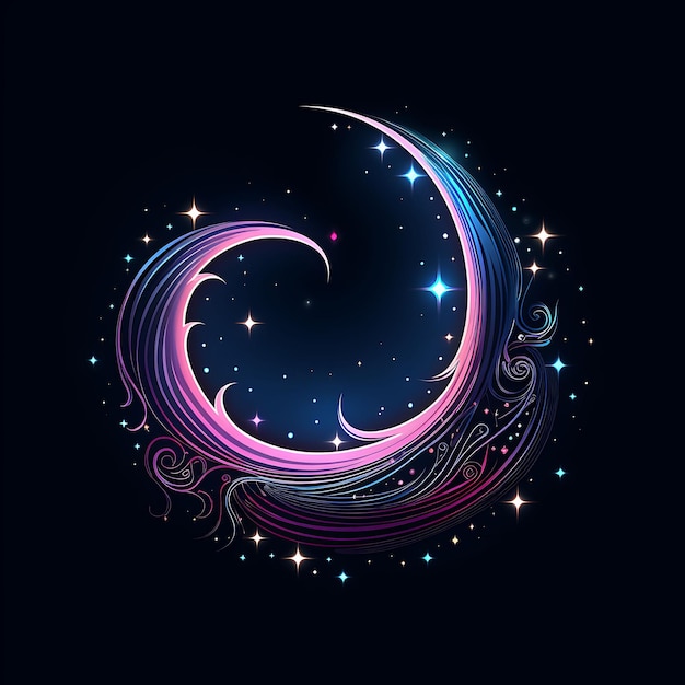 Design of Moon Mysterious Indigo Flowing Neon Lines Star Decorations S Clipart T-shirt Design Glow. (Design della luna misteriosa Indigo Flowing Neon Lines Star Decorations S Clipart T-shirt Design Glow)