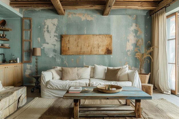 Design Pastel Blue Interiore di appartamento in stile rustico e soggiorno moderno