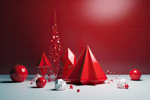 Design rosso creativo dello sfondo della festa con l'albero di Natale Modello per la pubblicità web social media e annunci di moda Poster volantino biglietto di auguri AI generativo