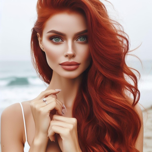 Design sem nome Una donna con lunghi capelli rossi e occhi verdi che posa per una foto 3
