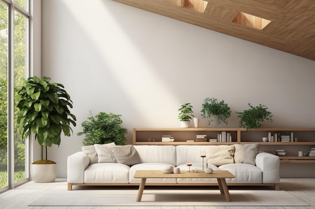 Design sostenibile del soggiorno con piante verdi Design d'interni minimale