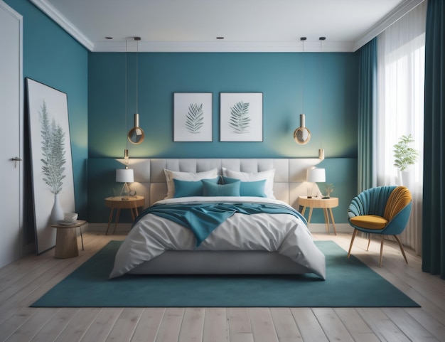 Design spazioso della camera da letto in blu con pareti di vetro