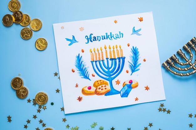 Design tradizionale della cartolina d'auguri per le vacanze ebraiche con felici congratulazioni hanukkah
