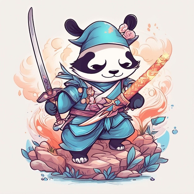 design tshirt grafico simpatico cartone animato panda samurai katana spada wilding stile bambini bianco pieno