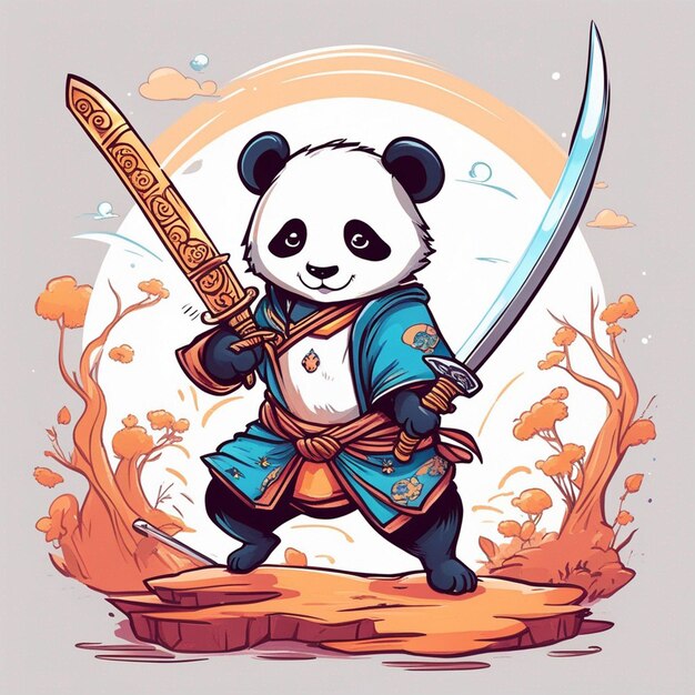 design tshirt grafico simpatico cartone animato panda samurai katana spada wilding stile bambini bianco pieno