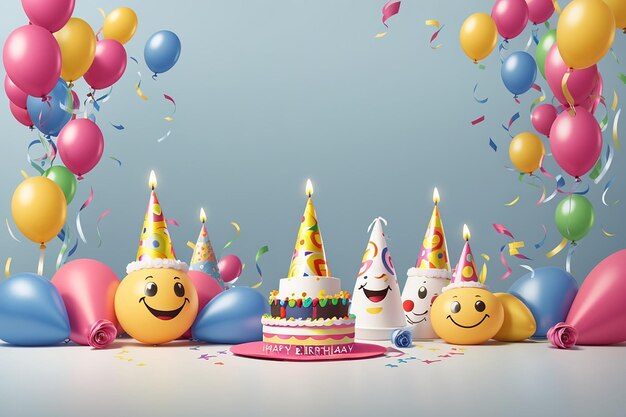 Design vettoriale di compleanno felice con smiley che indossano cappello di compleanno in spazio vuoto bianco per messaggio e testo per festa e celebrazione Illustrazione vettoriale