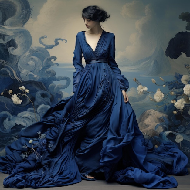 Design visivo ispirato al romanticismo con una donna in abito blu