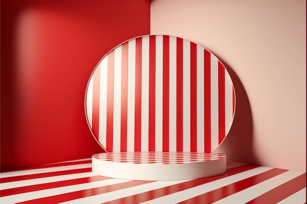 Design vuoto del podio dell'esposizione in forme ovali e cubiche davanti allo sfondo della parete decorato in stile minimal a strisce rosse e bianche