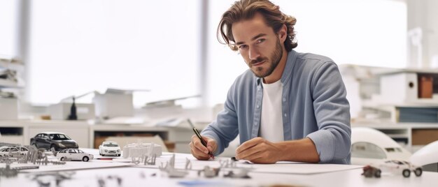 Designer di auto professionista che lavora in uno studio bianco pulito