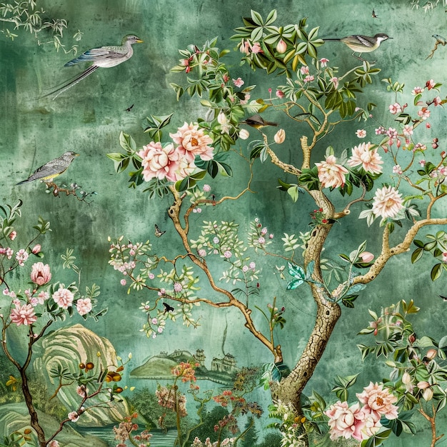 Designer riccamente decorato carta da parati in stile chinoiserie con fiori e uccelli concetto per un poster