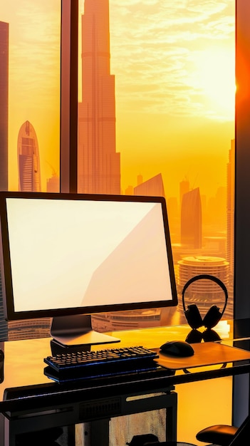 Designer scrivania con schermo vuoto per il mockup in ufficio moderno di fronte alla vista della finestra dall'ufficio a